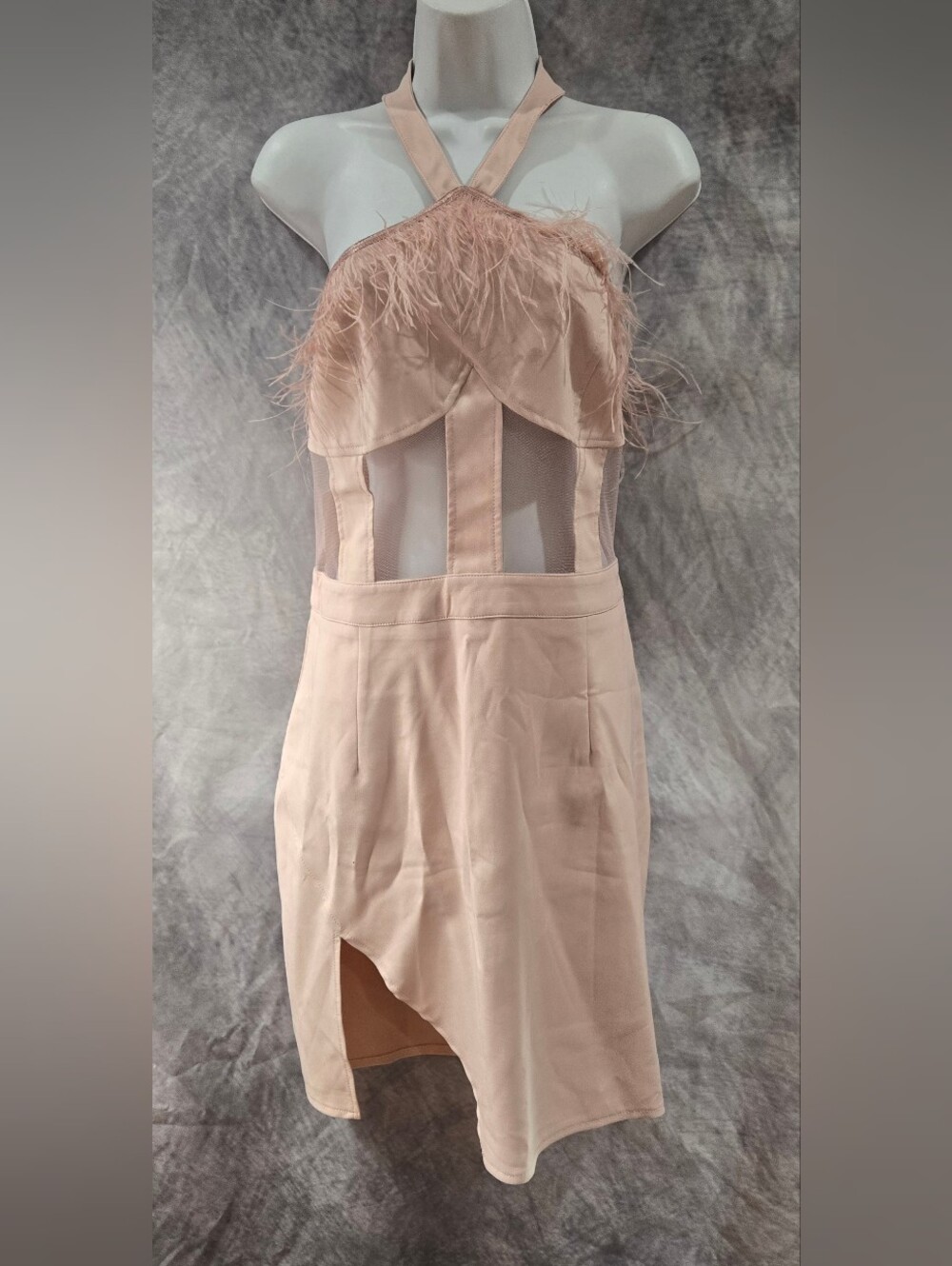 PrettyLittleThing Blush Feather-Trim Halter Sheath Dress